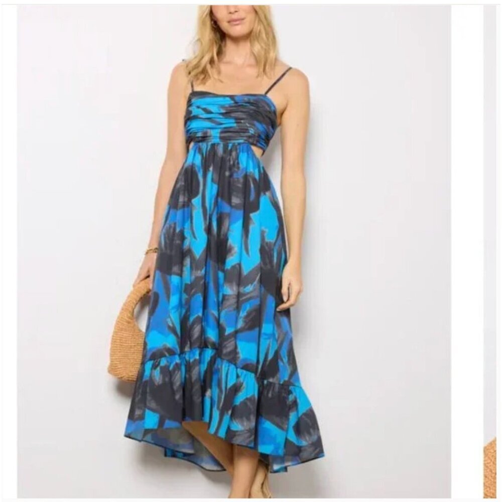 Hutch Mabel Dress Womens Small Blue Black Maxi Spaghetti Strap Ruffle Hem Floral